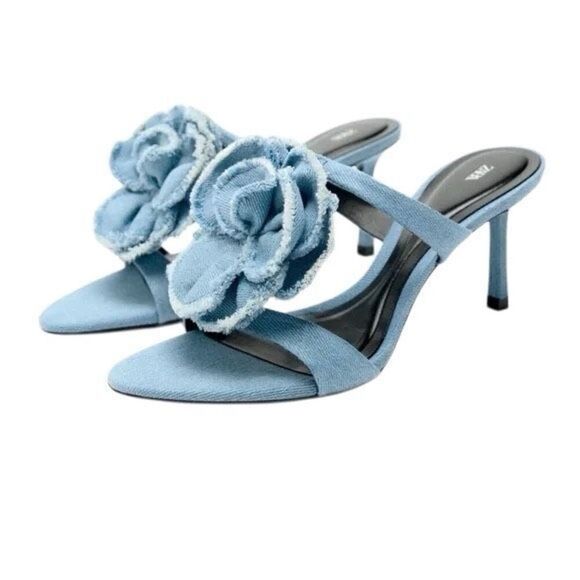 NWT Zara Floral Denim Heels Sandals - Picture 5 of 15